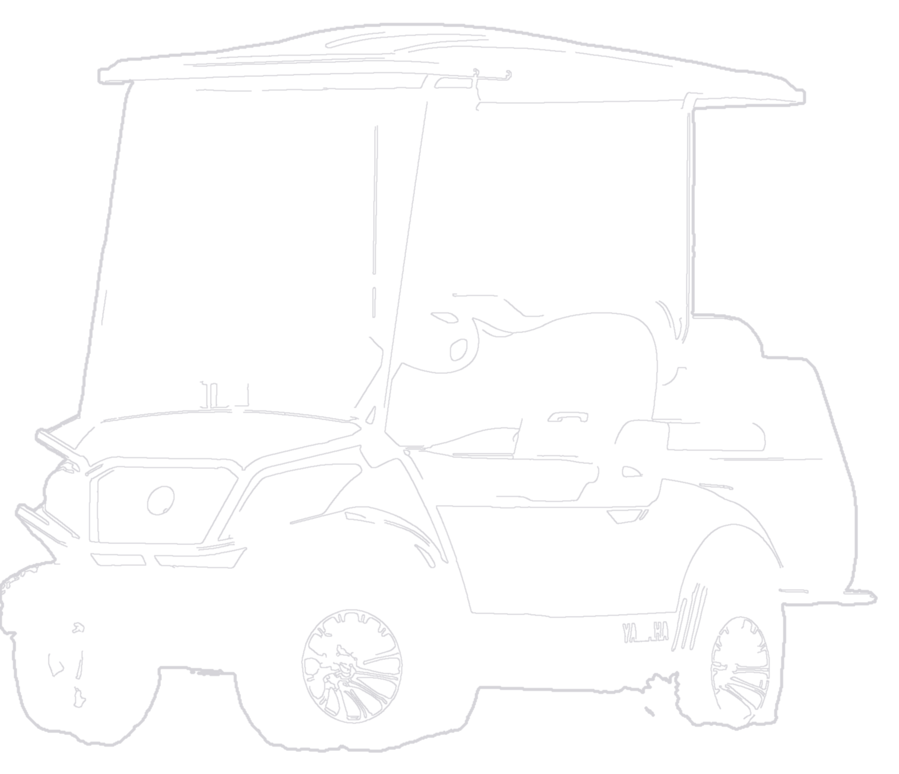 Line-traced outline of a lifted four-passenger Yamaha golf cart with rear flip seat