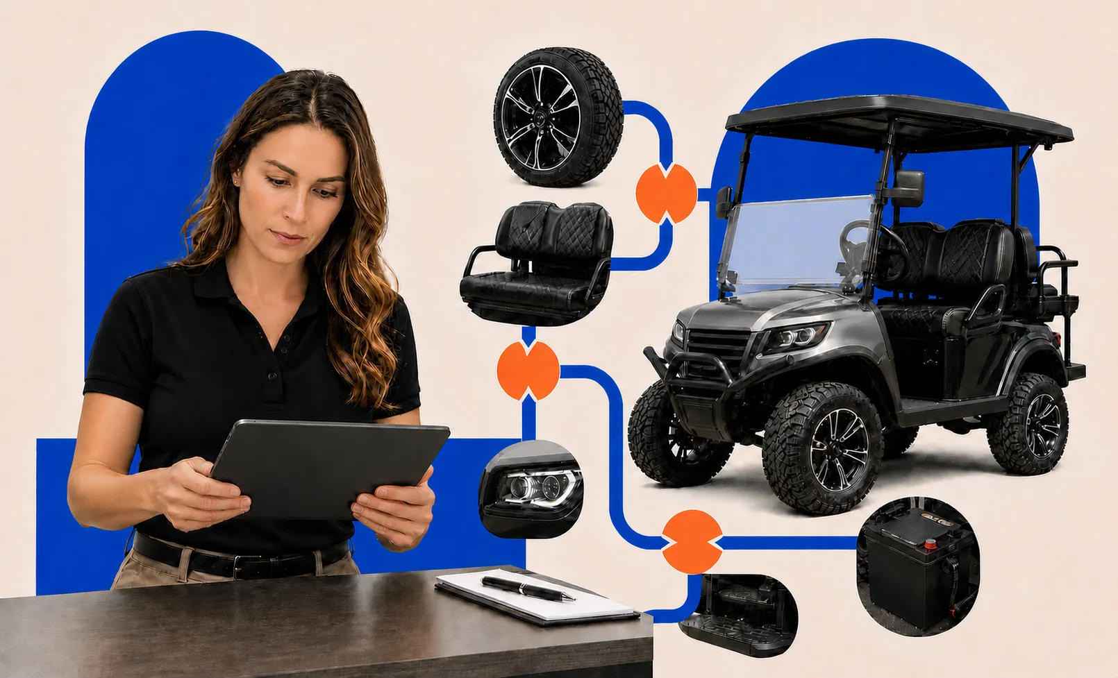 Golf cart sales professional reviewing a quote on a tablet beside a custom cart and connected components