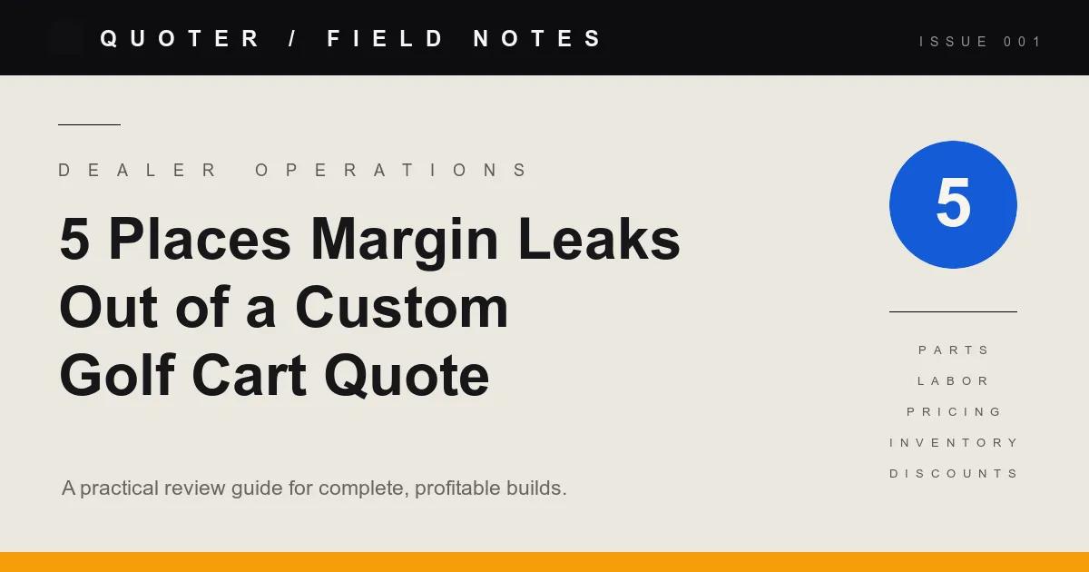 Editorial card reading “5 Places Margin Leaks Out of a Custom Golf Cart Quote”