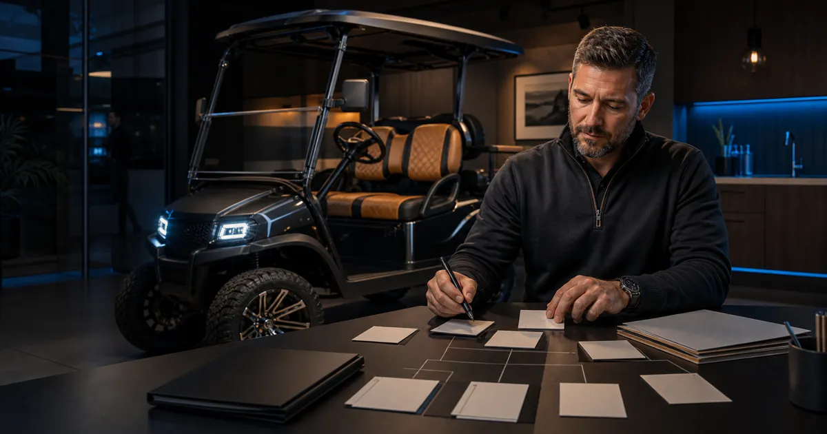 Golf cart dealership manager mapping a disciplined sales process at a deal desk beside a custom cart